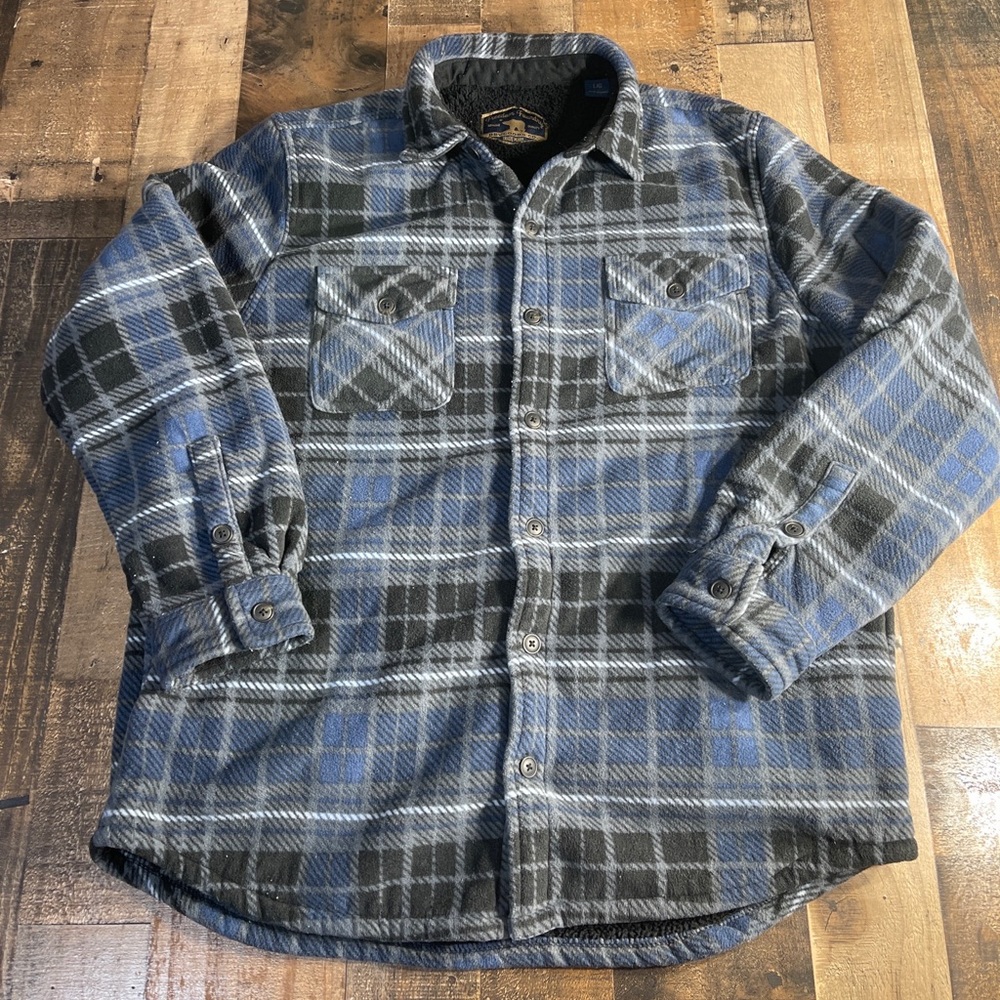 Freedom Foundry Mens Large Sherpa Lined Plaid Shirt Jacket Blue Black Gray